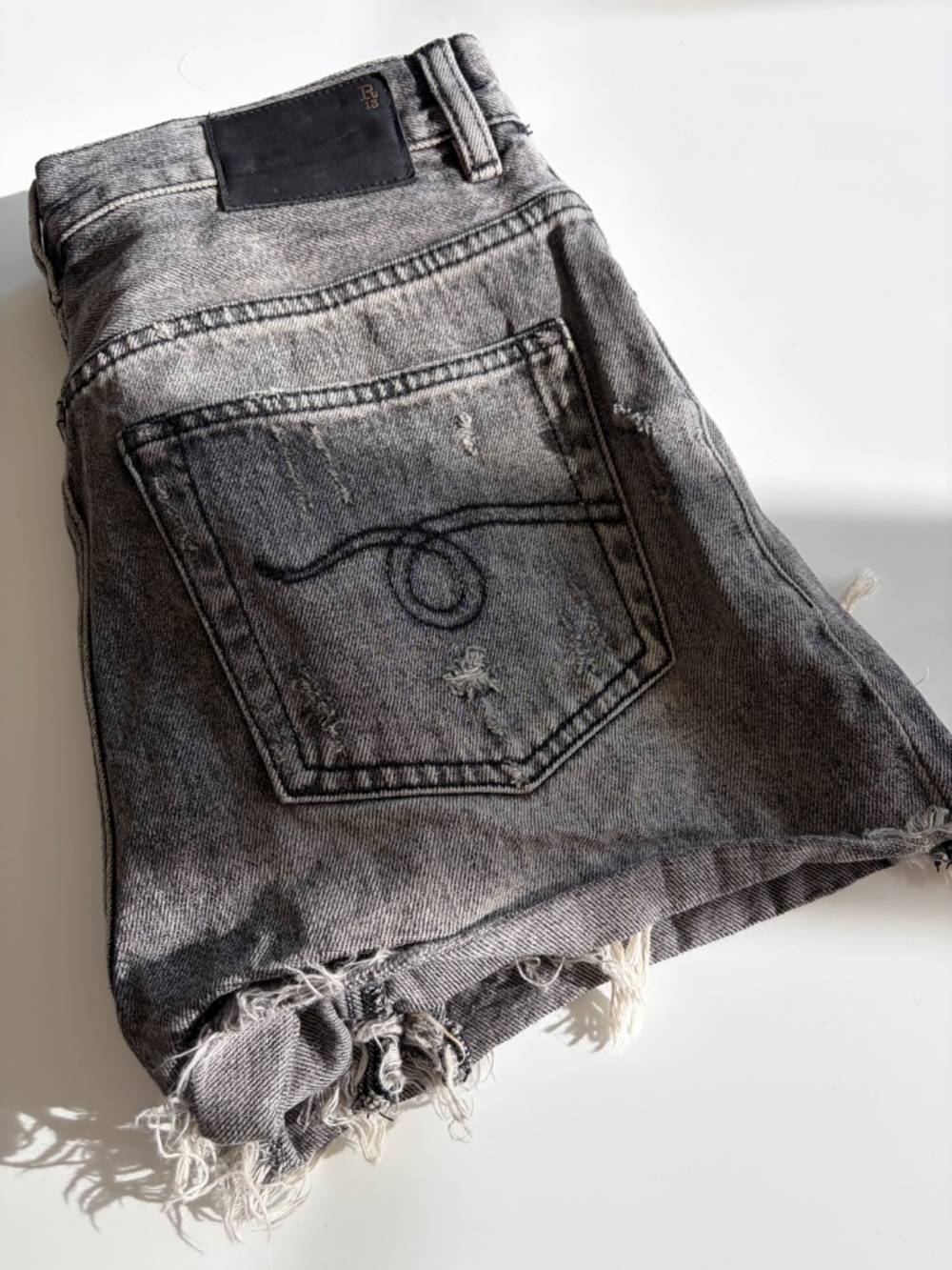 R13 Shredded Slouch denim shorts